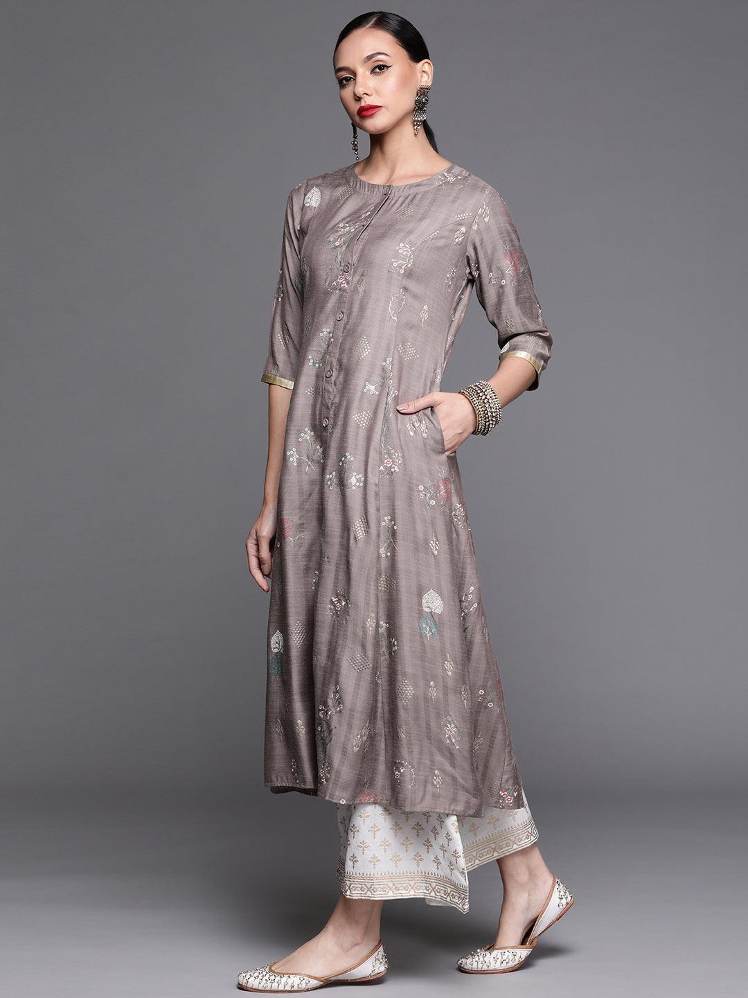 Grey Printed Cotton Silk Kurta