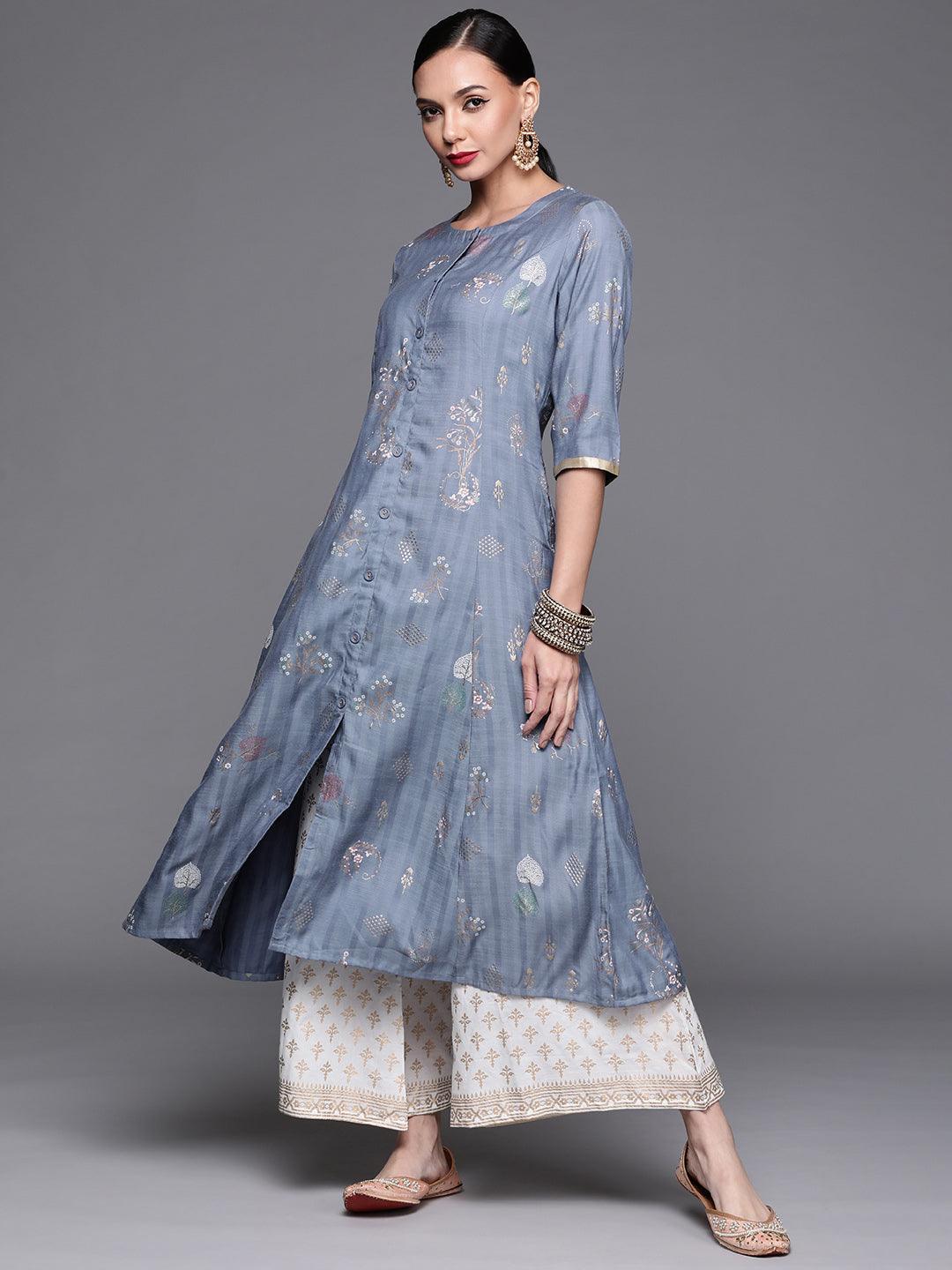 Blue Printed Cotton Silk Kurta