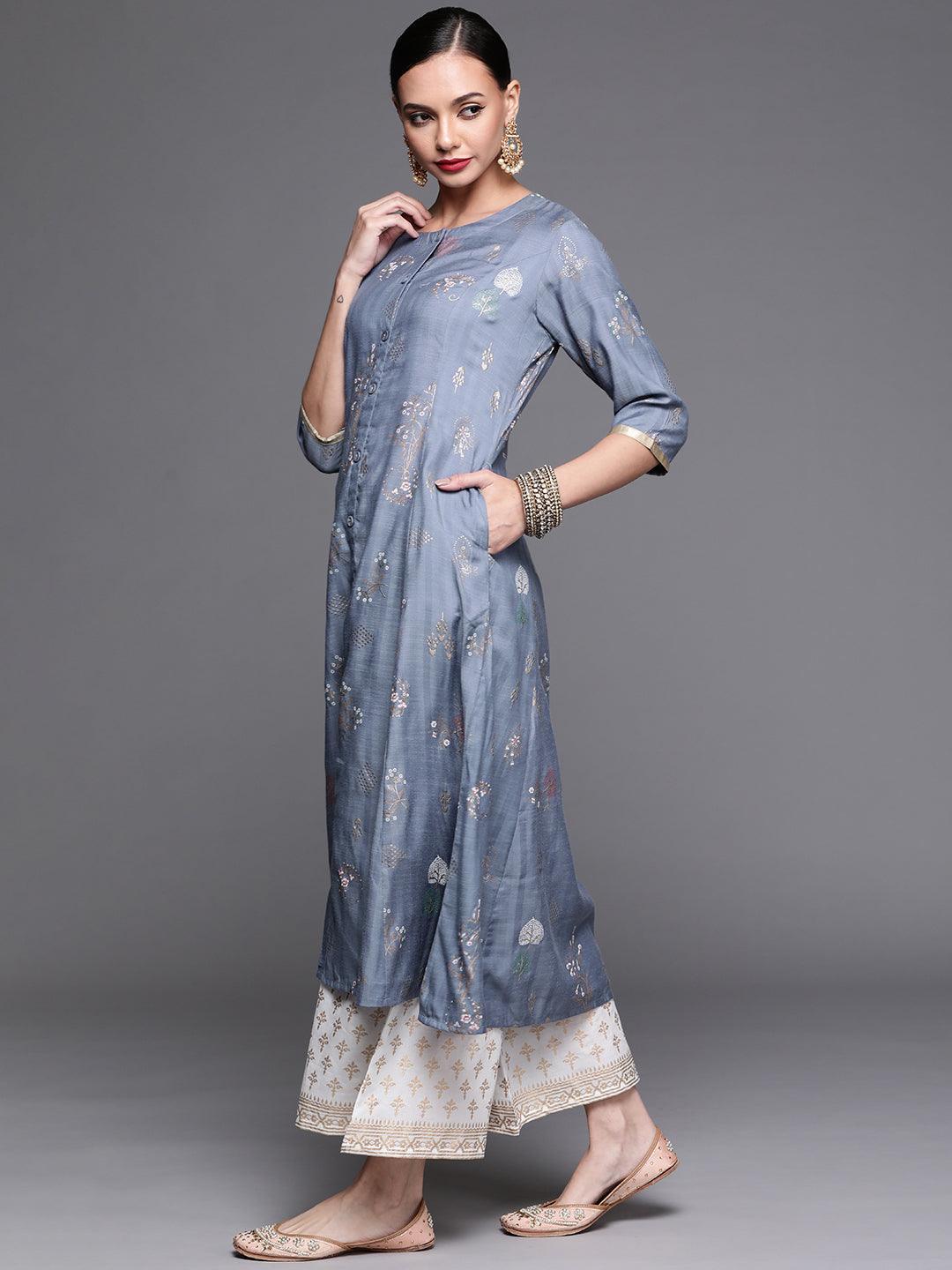 Blue Printed Cotton Silk Kurta