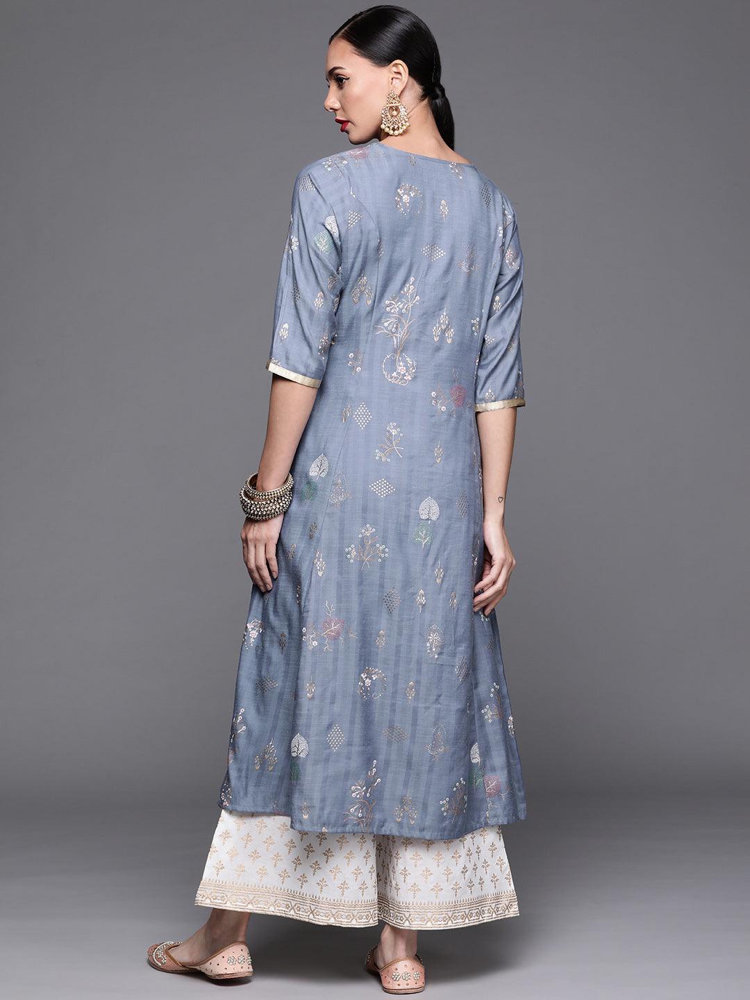 Blue Printed Cotton Silk Kurta