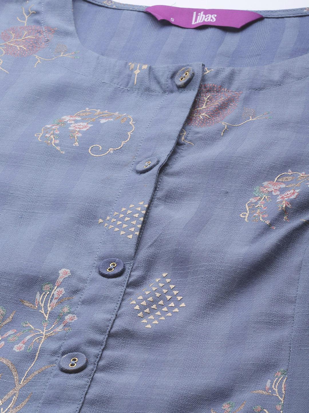 Blue Printed Cotton Silk Kurta