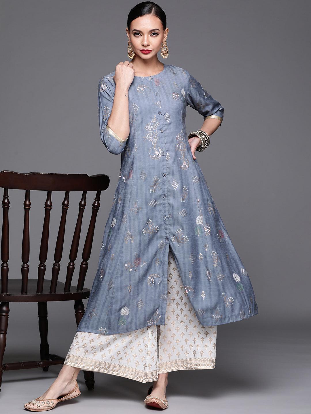 Blue Printed Cotton Silk Kurta