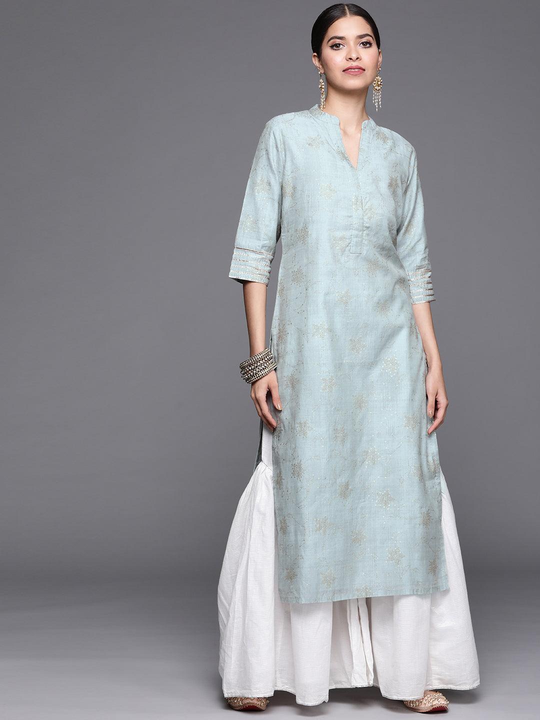 Grey Printed Chanderi Silk Kurta