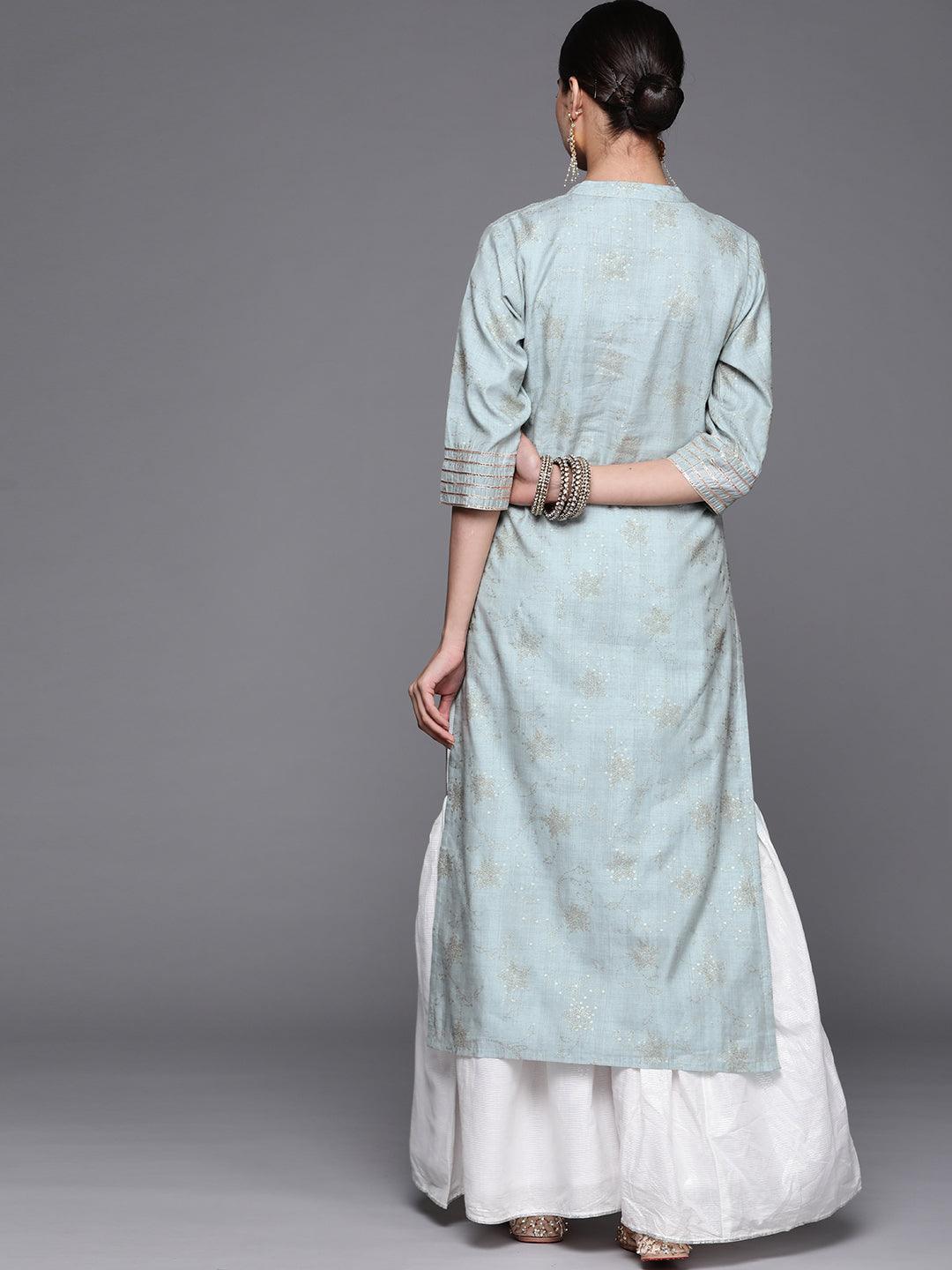 Grey Printed Chanderi Silk Kurta