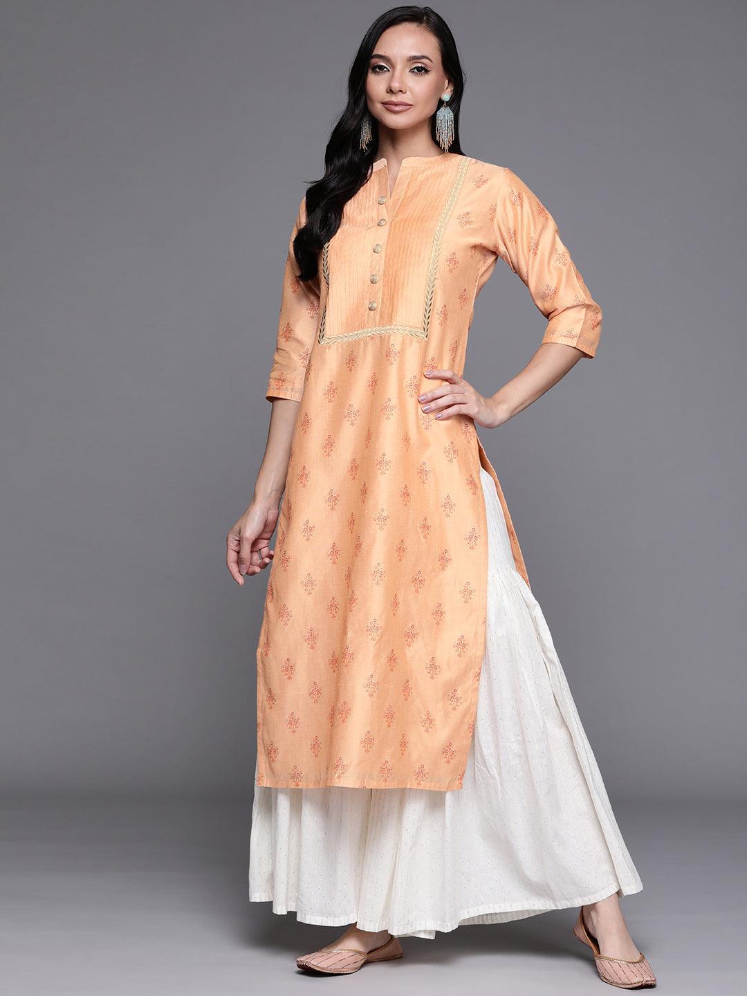 Orange Printed Chanderi Silk Kurta