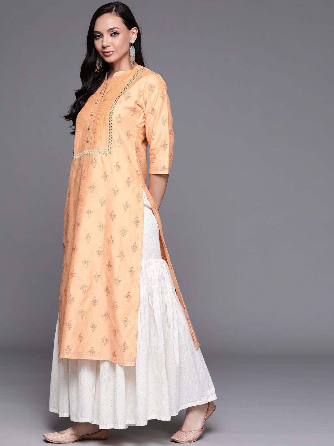 Orange Printed Chanderi Silk Kurta