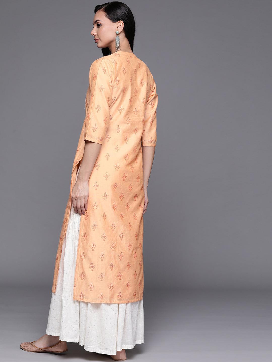 Orange Printed Chanderi Silk Kurta - ShopLibas