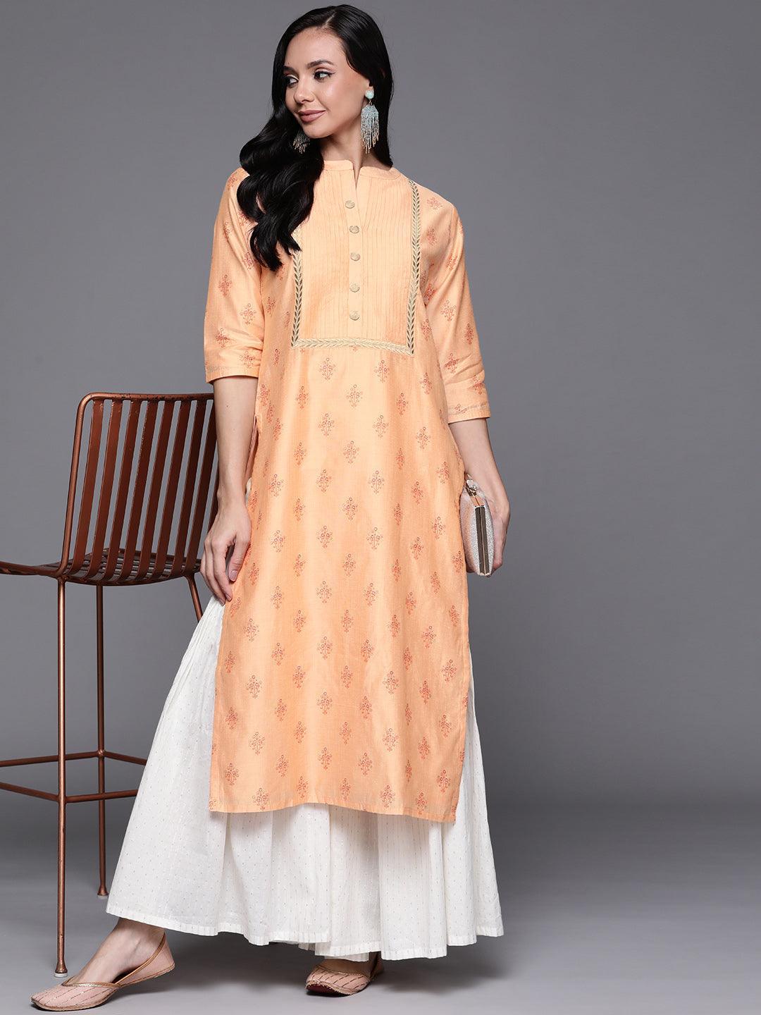 Orange Printed Chanderi Silk Kurta - ShopLibas