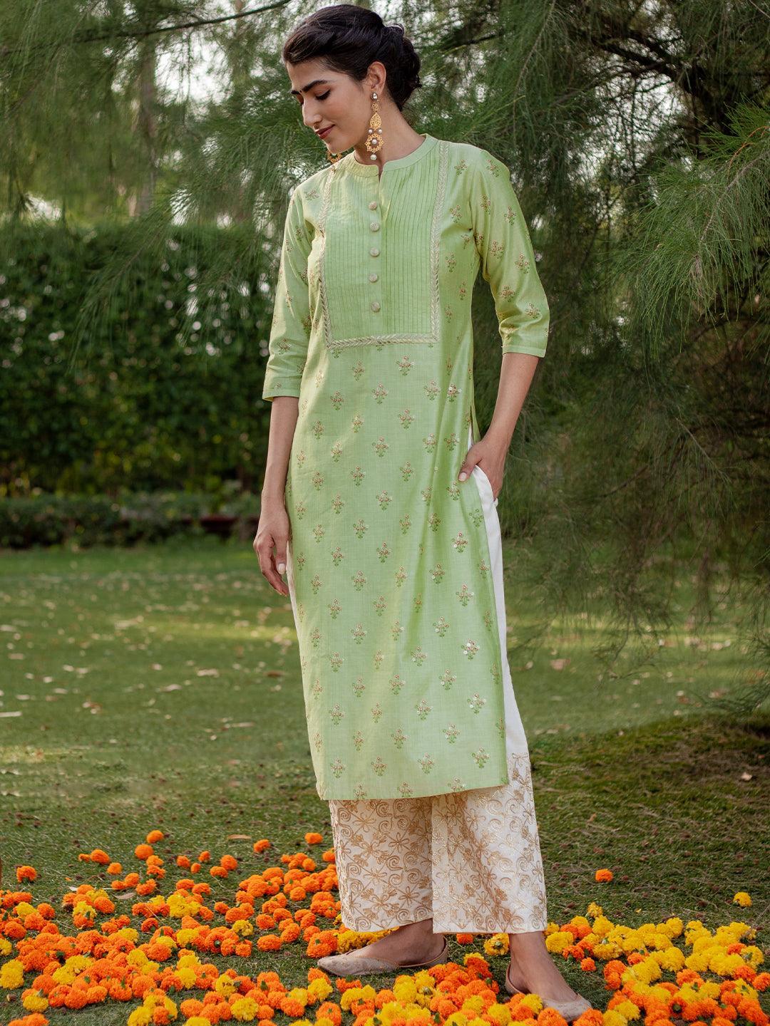 Green Printed Chanderi Silk Kurta