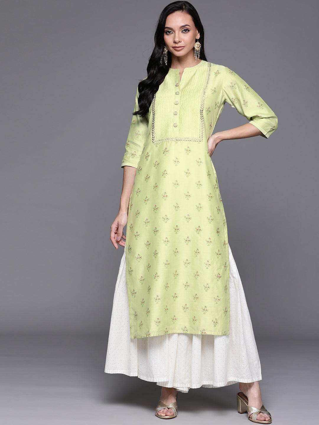 Green Printed Chanderi Silk Kurta