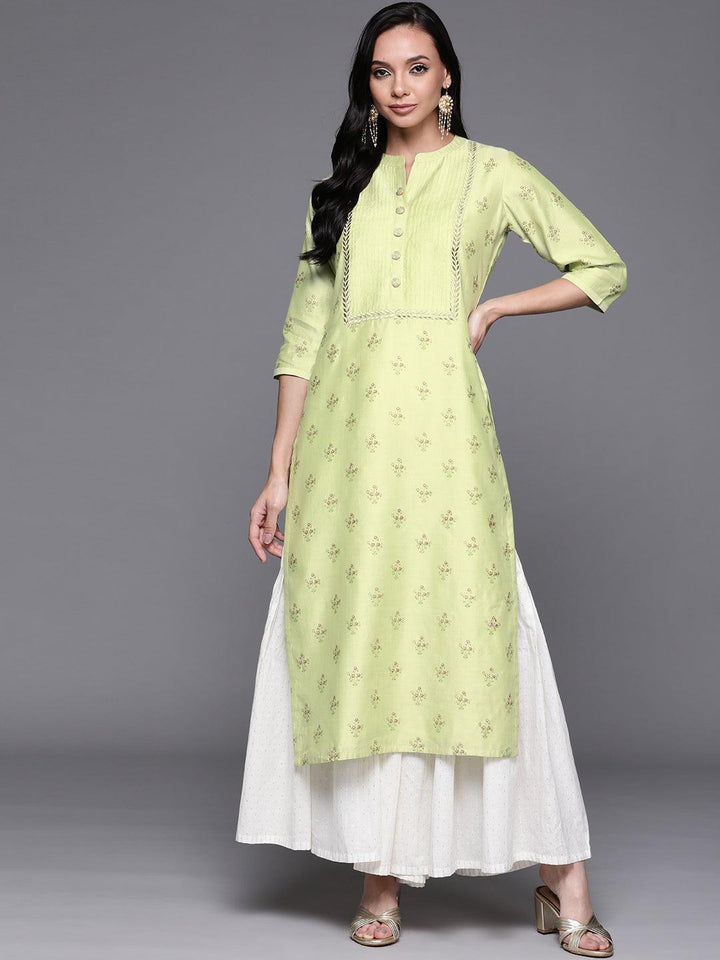 Green Printed Chanderi Silk Kurta - ShopLibas