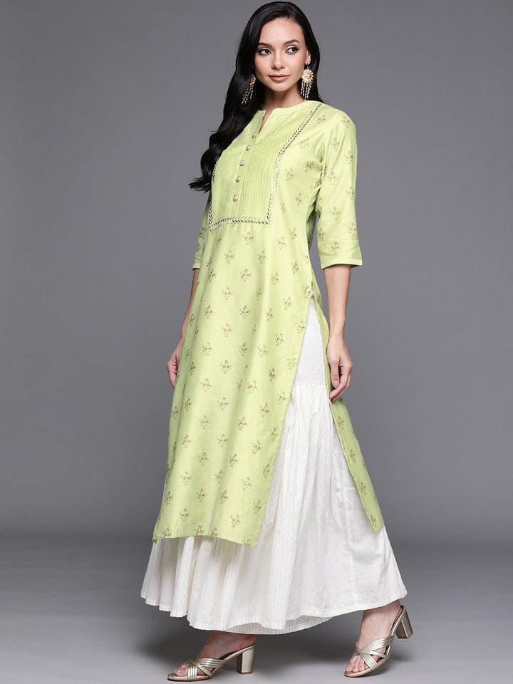 Green Printed Chanderi Silk Kurta - ShopLibas