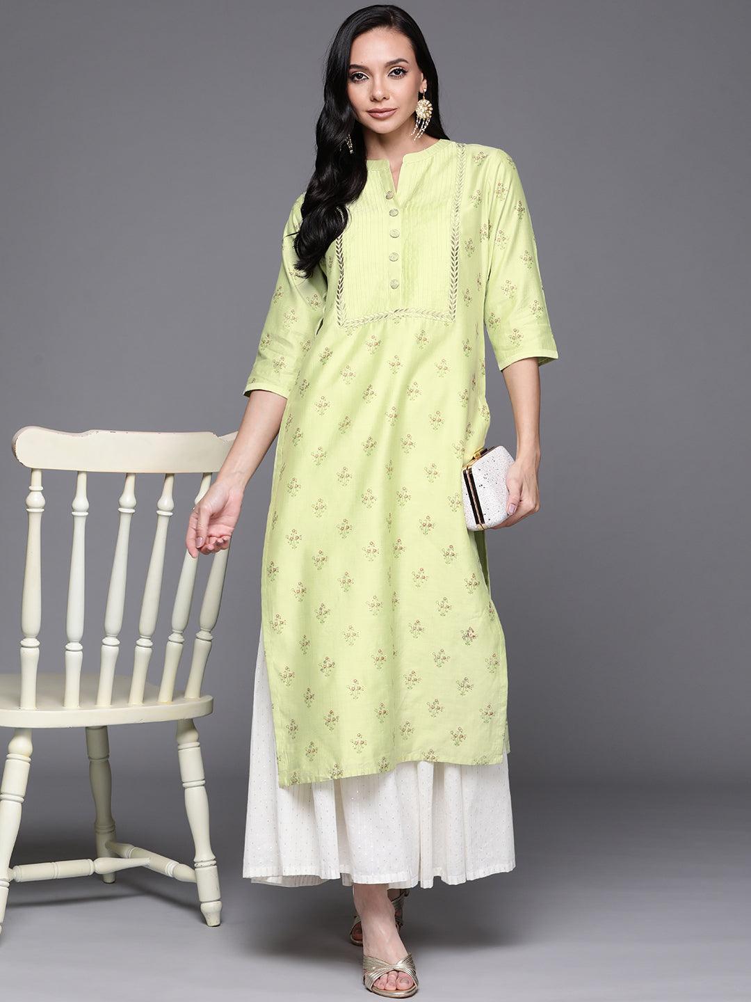 Green Printed Chanderi Silk Kurta - ShopLibas