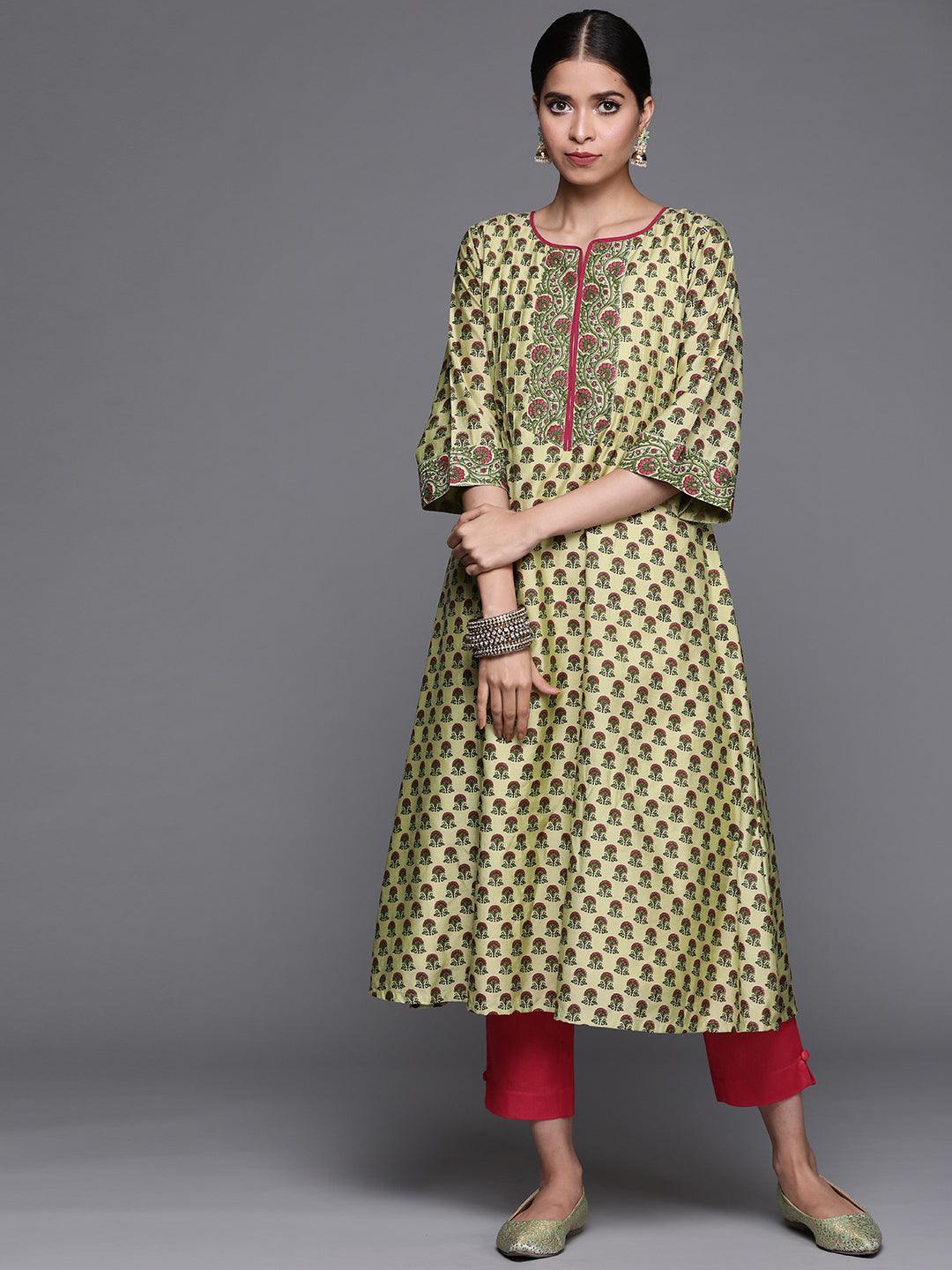 Green Printed Chanderi Silk Kurta