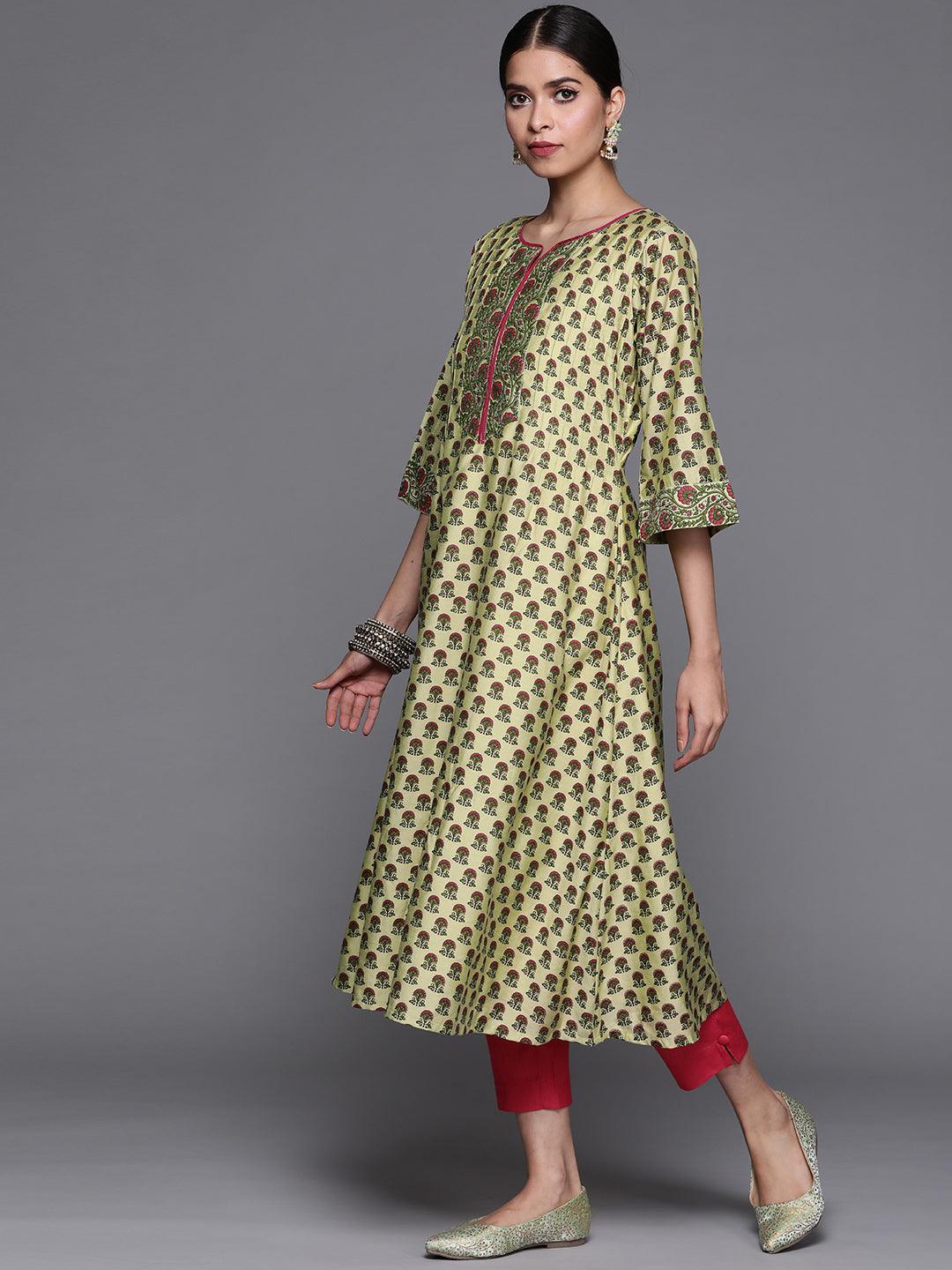 Green Printed Chanderi Silk Kurta