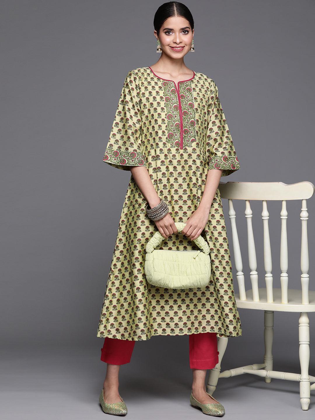 Green Printed Chanderi Silk Kurta