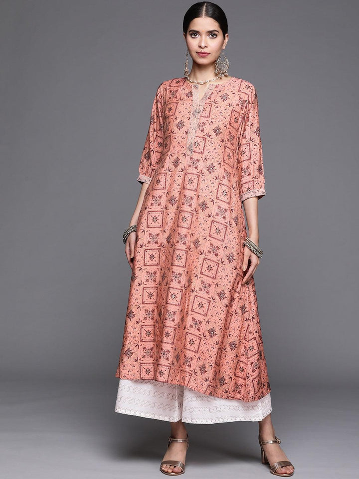 Pink Printed Chanderi Silk Kurta - ShopLibas