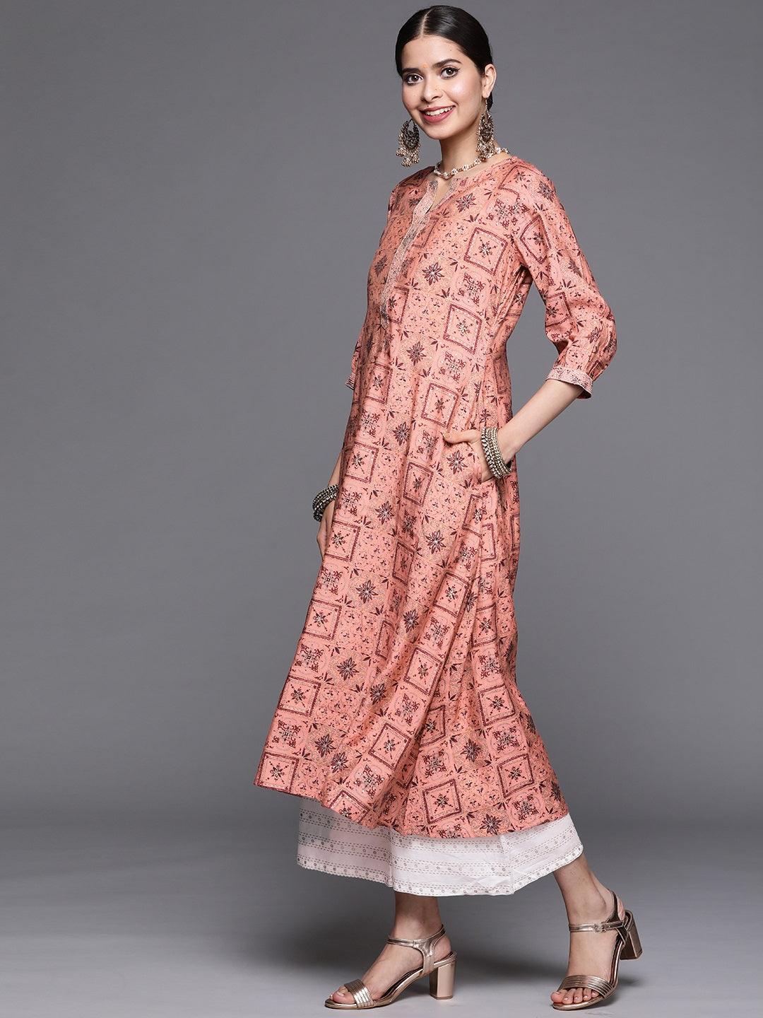 Pink Printed Chanderi Silk Kurta - ShopLibas