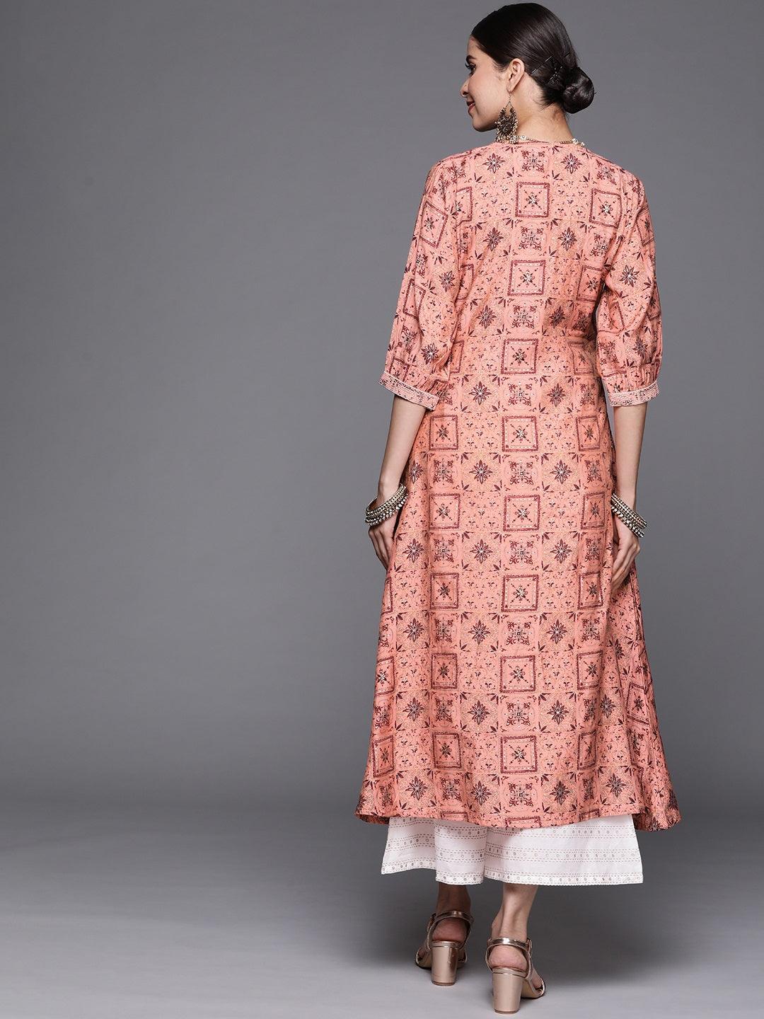 Pink Printed Chanderi Silk Kurta - ShopLibas