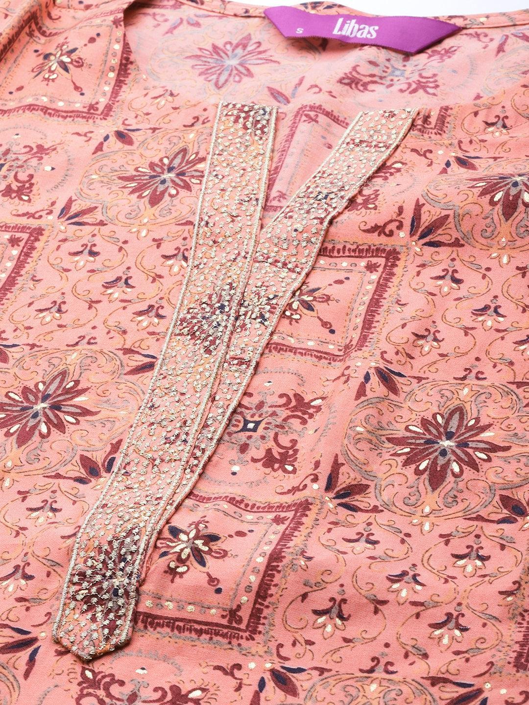 Pink Printed Chanderi Silk Kurta - ShopLibas