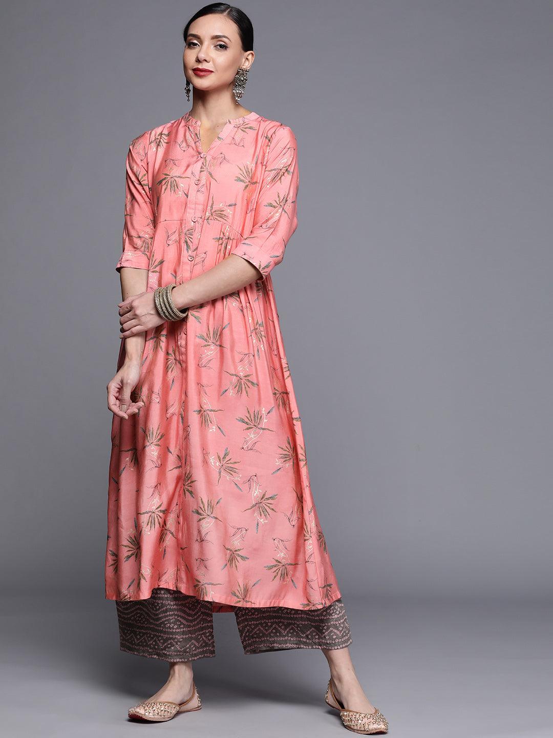 Pink Printed Chanderi Silk Kurta - ShopLibas