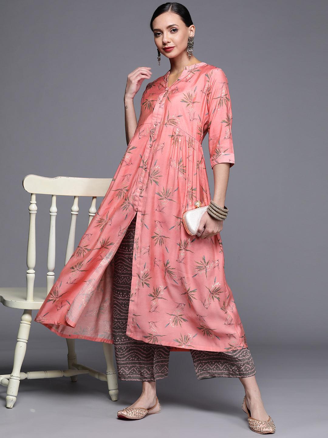 Pink Printed Chanderi Silk Kurta - ShopLibas