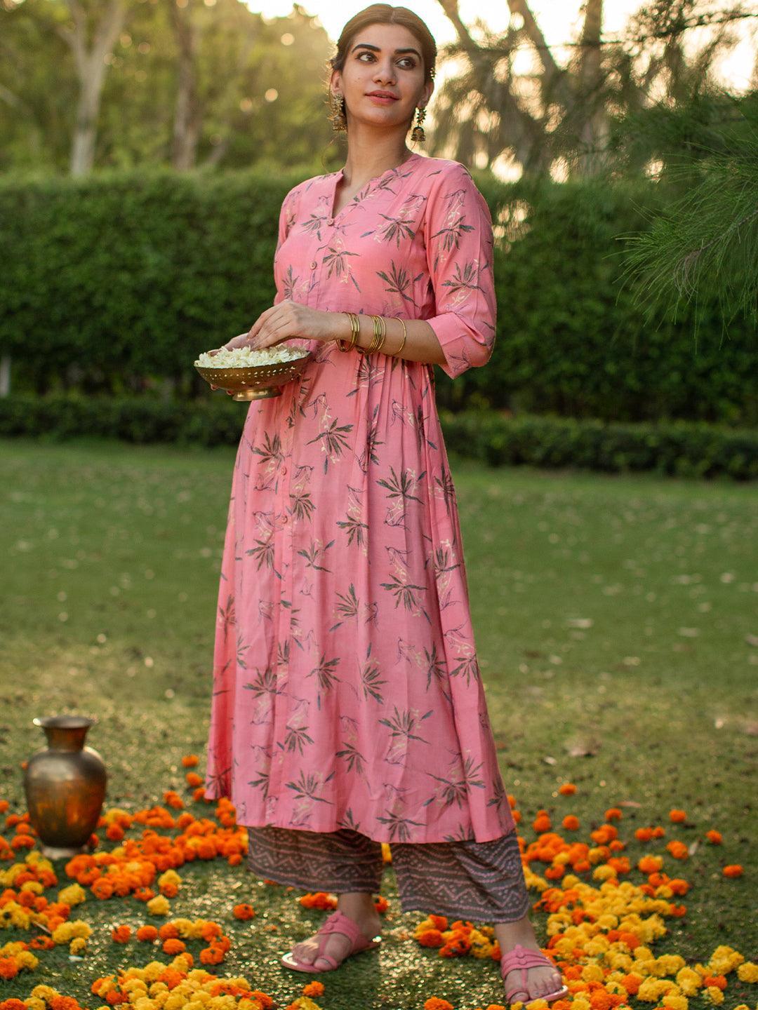 Pink Printed Chanderi Silk Kurta - ShopLibas