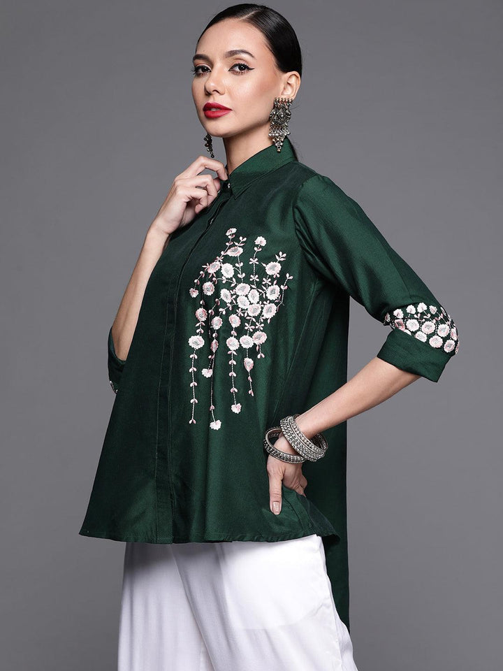 Green Embroidered Silk Blend Shirt - ShopLibas