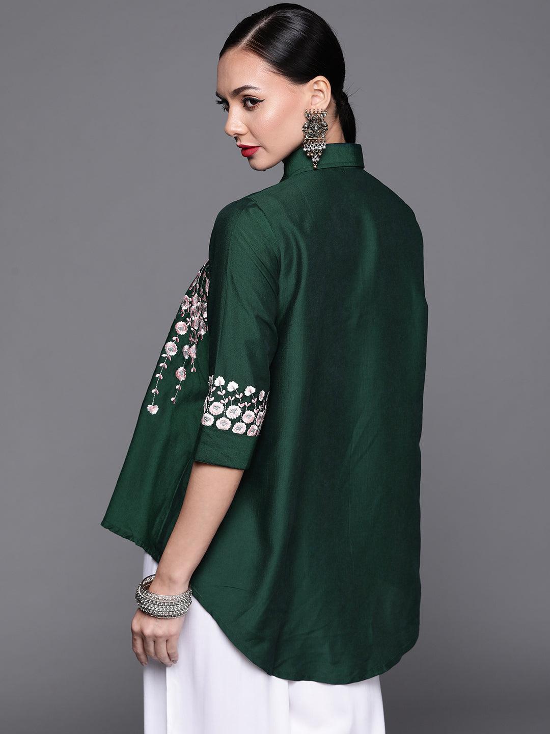 Green Embroidered Silk Blend Shirt - ShopLibas