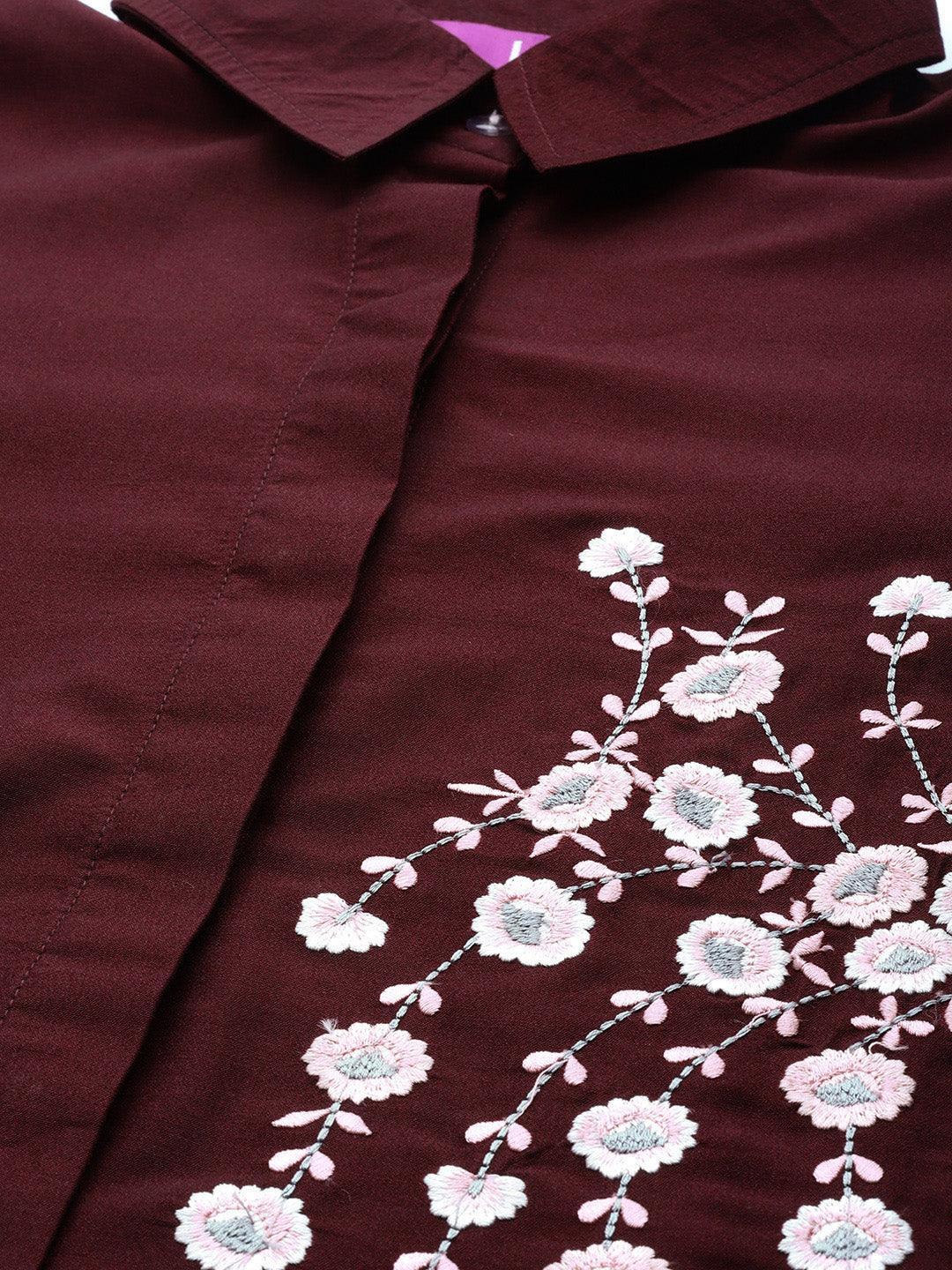 Maroon Embroidered Silk Blend Shirt - ShopLibas