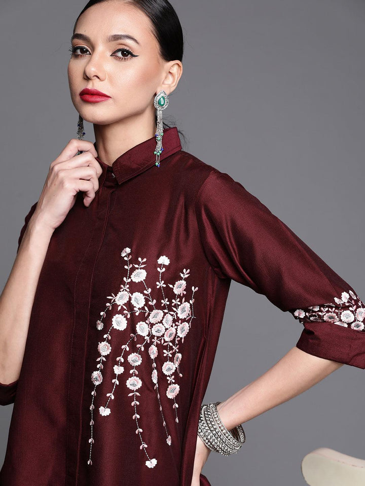 Maroon Embroidered Silk Blend Shirt - ShopLibas