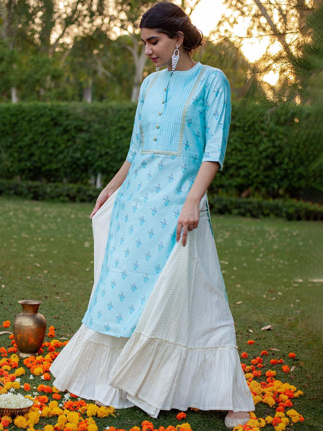 Blue Printed Chanderi Silk Kurta