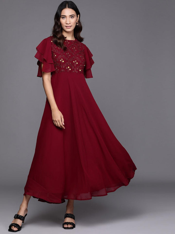 Maroon Embroidered Georgette Dress - ShopLibas