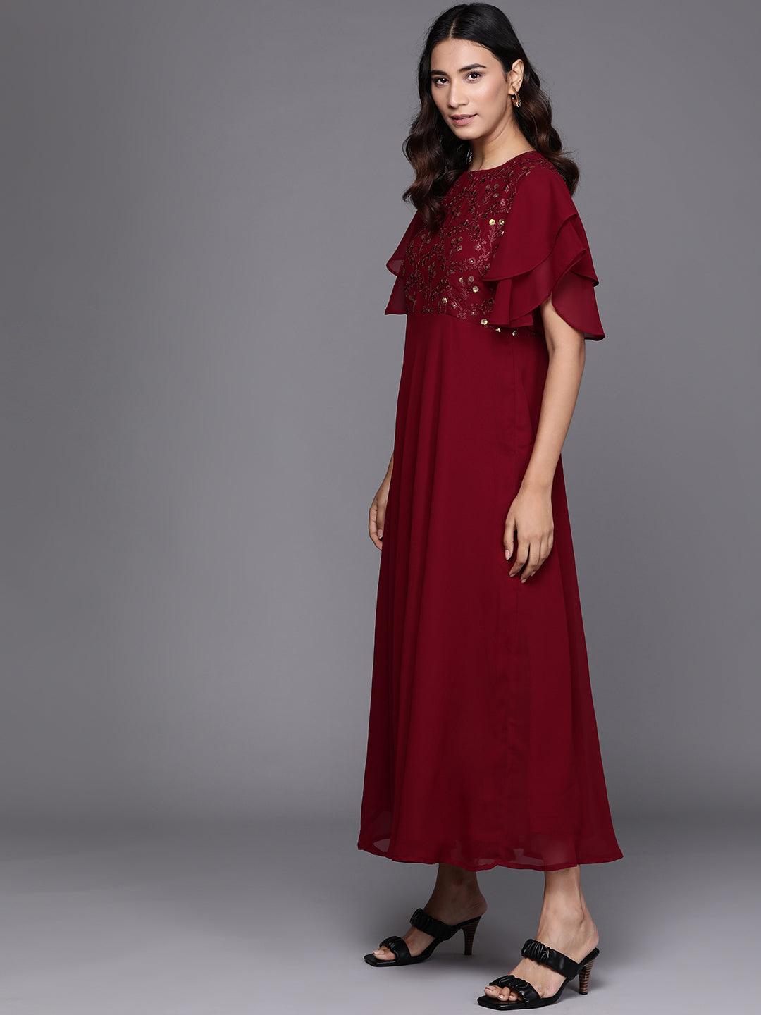 Maroon Embroidered Georgette Dress - ShopLibas