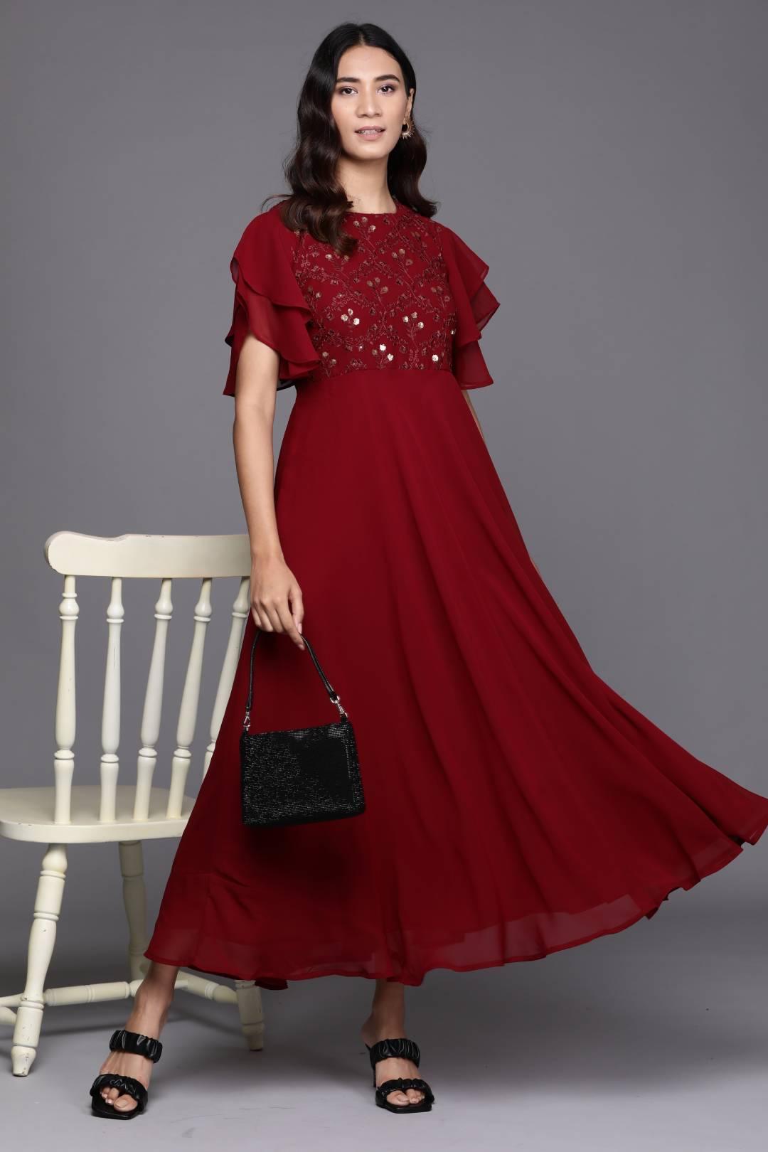 Maroon Embroidered Georgette Dress