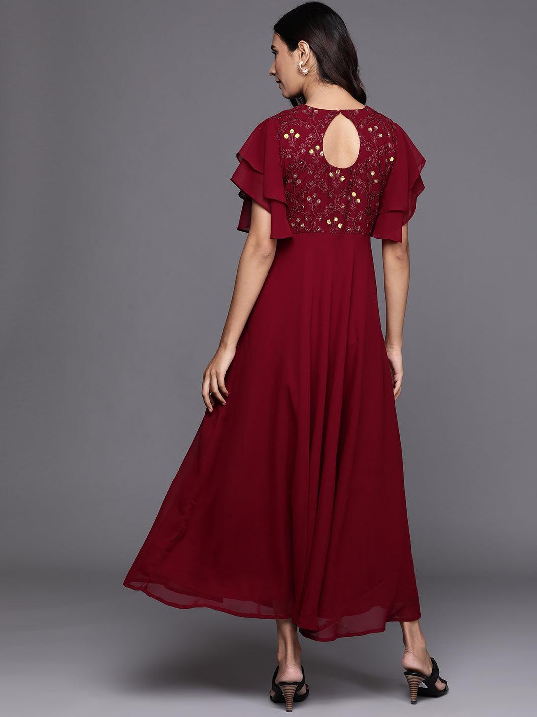 Maroon Embroidered Georgette Dress