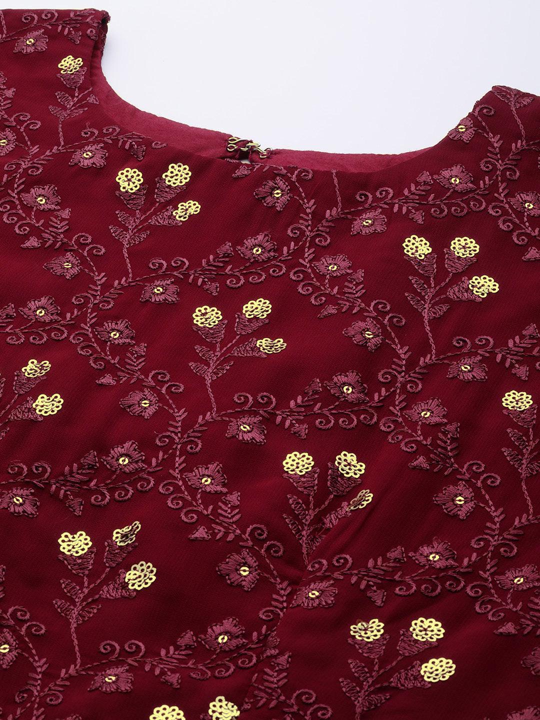 Maroon Embroidered Georgette Dress