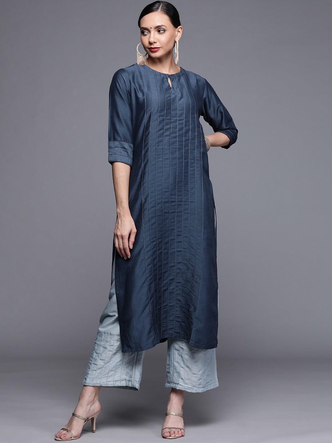 Blue Solid Chanderi Silk Kurta