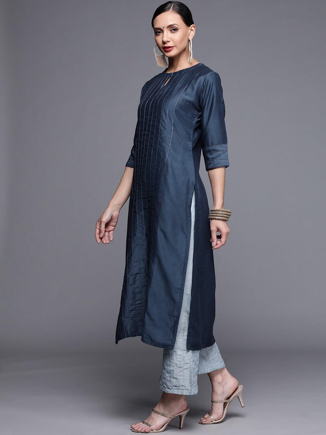 Blue Solid Chanderi Silk Kurta