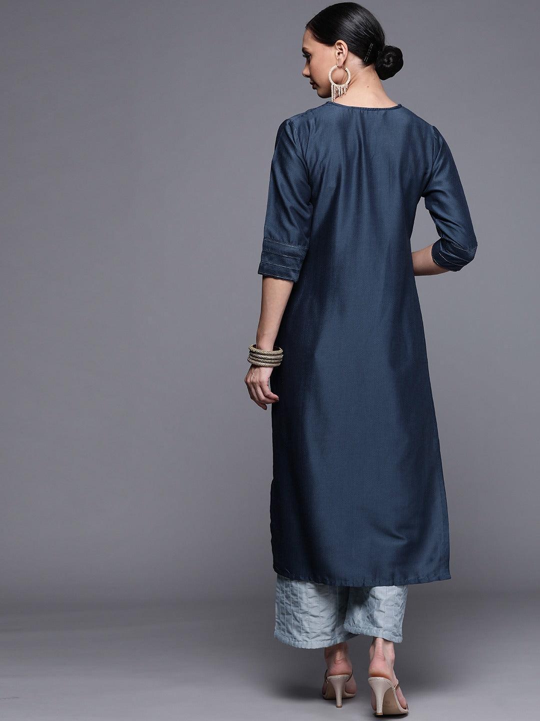 Blue Solid Chanderi Silk Kurta