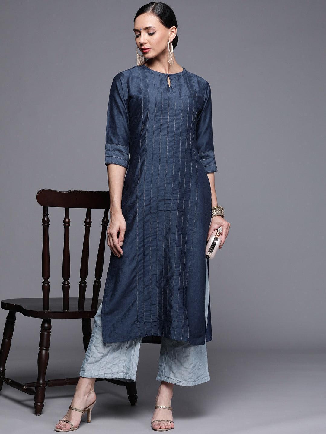 Blue Solid Chanderi Silk Kurta