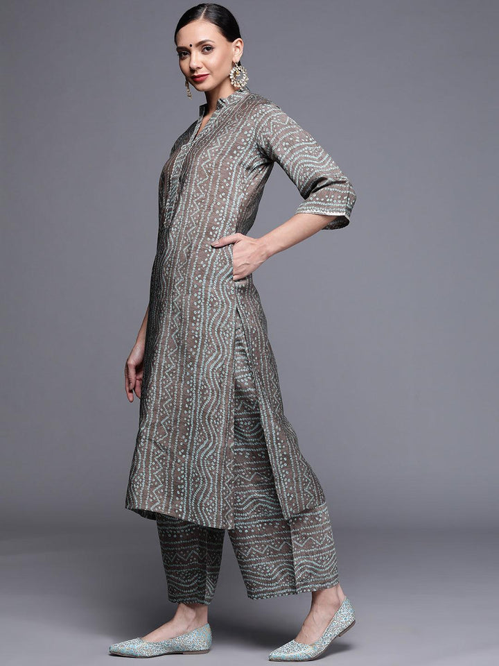 Grey Printed Chanderi Silk Kurta - ShopLibas