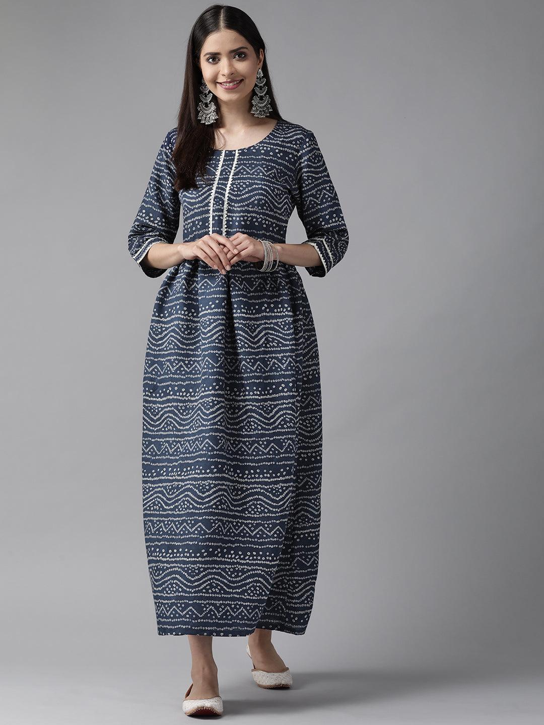 Blue Printed Silk Blend Maxi Dress