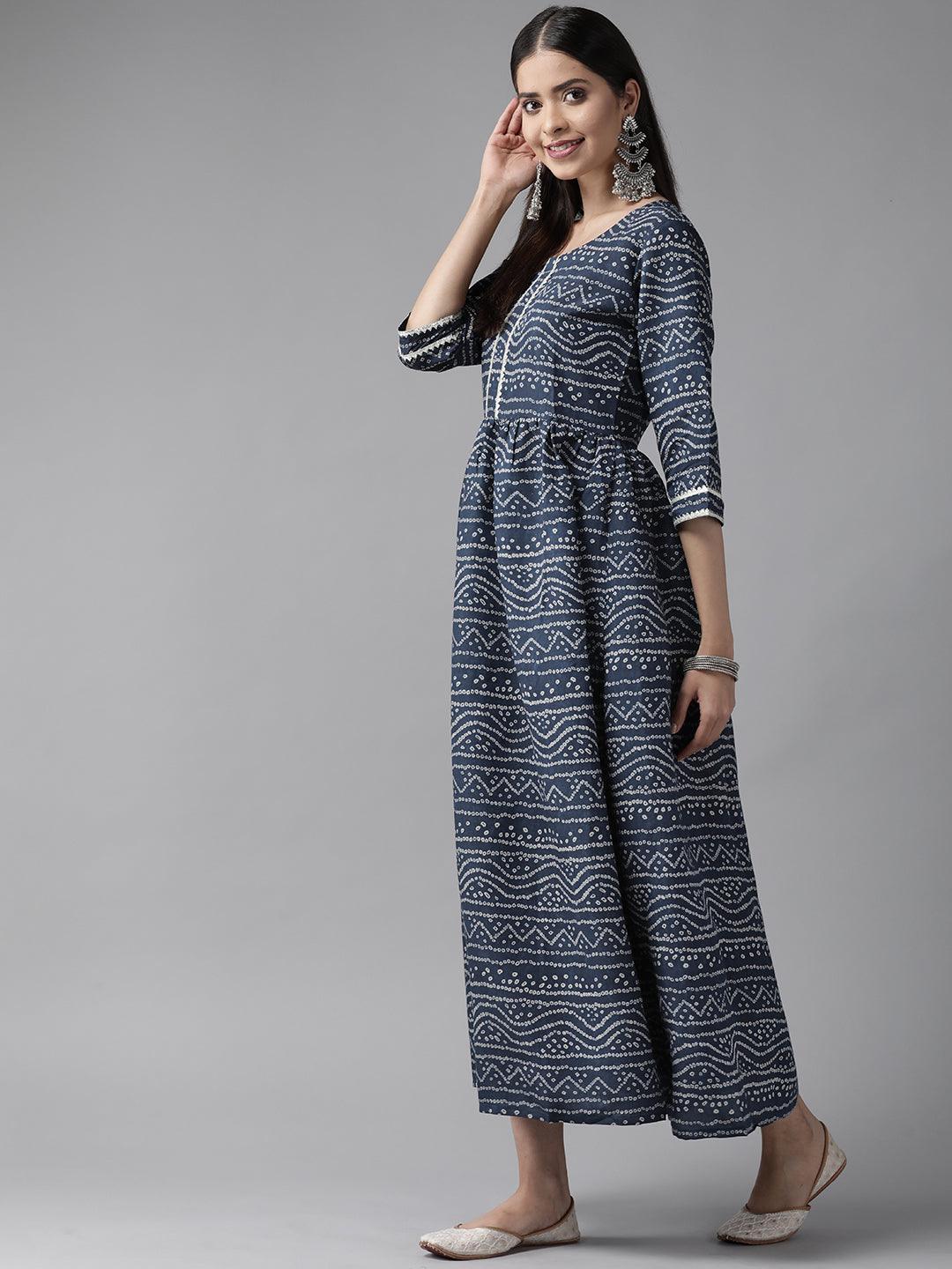 Blue Printed Silk Blend Maxi Dress