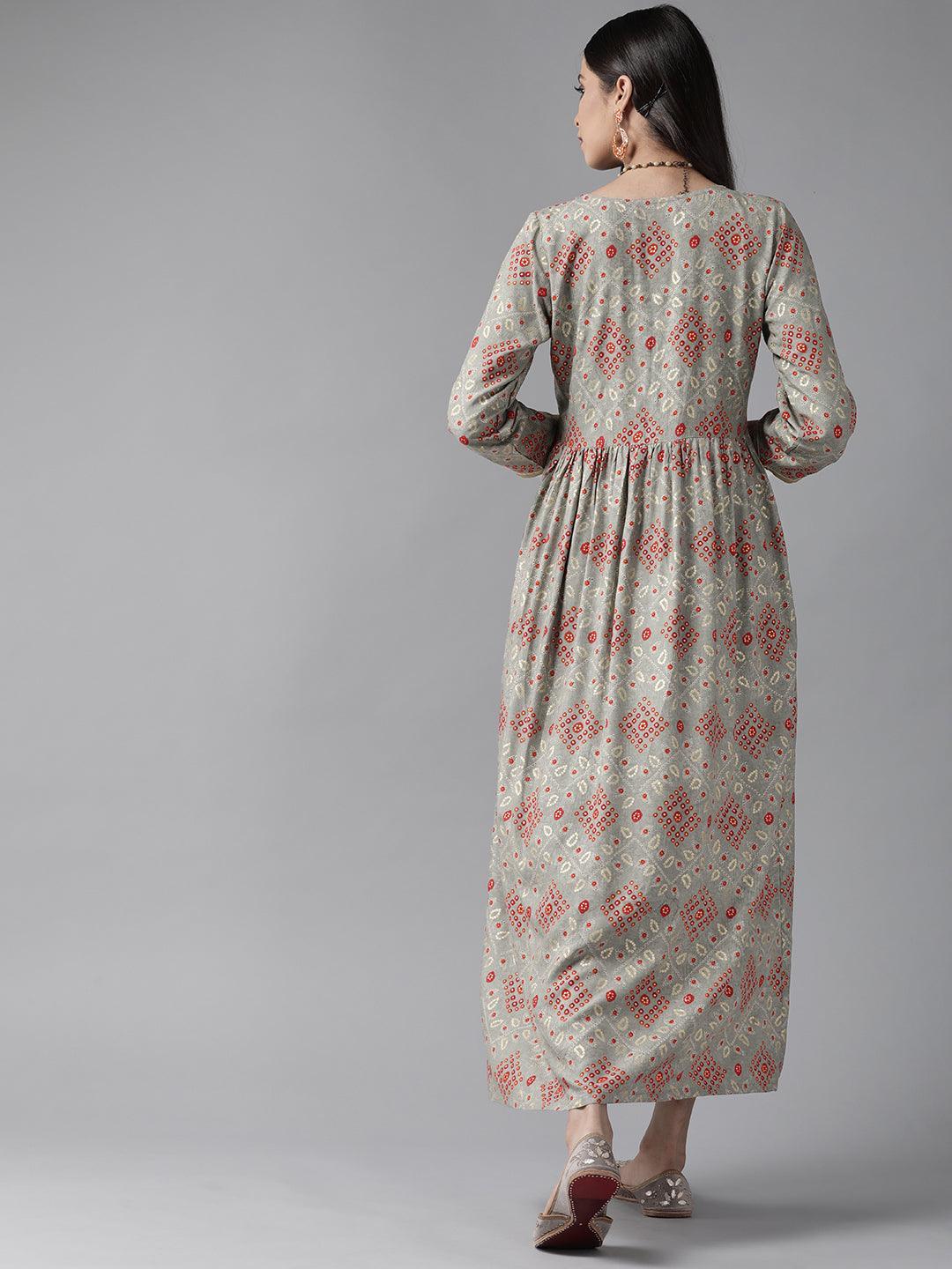 Grey Printed Rayon Maxi Dress