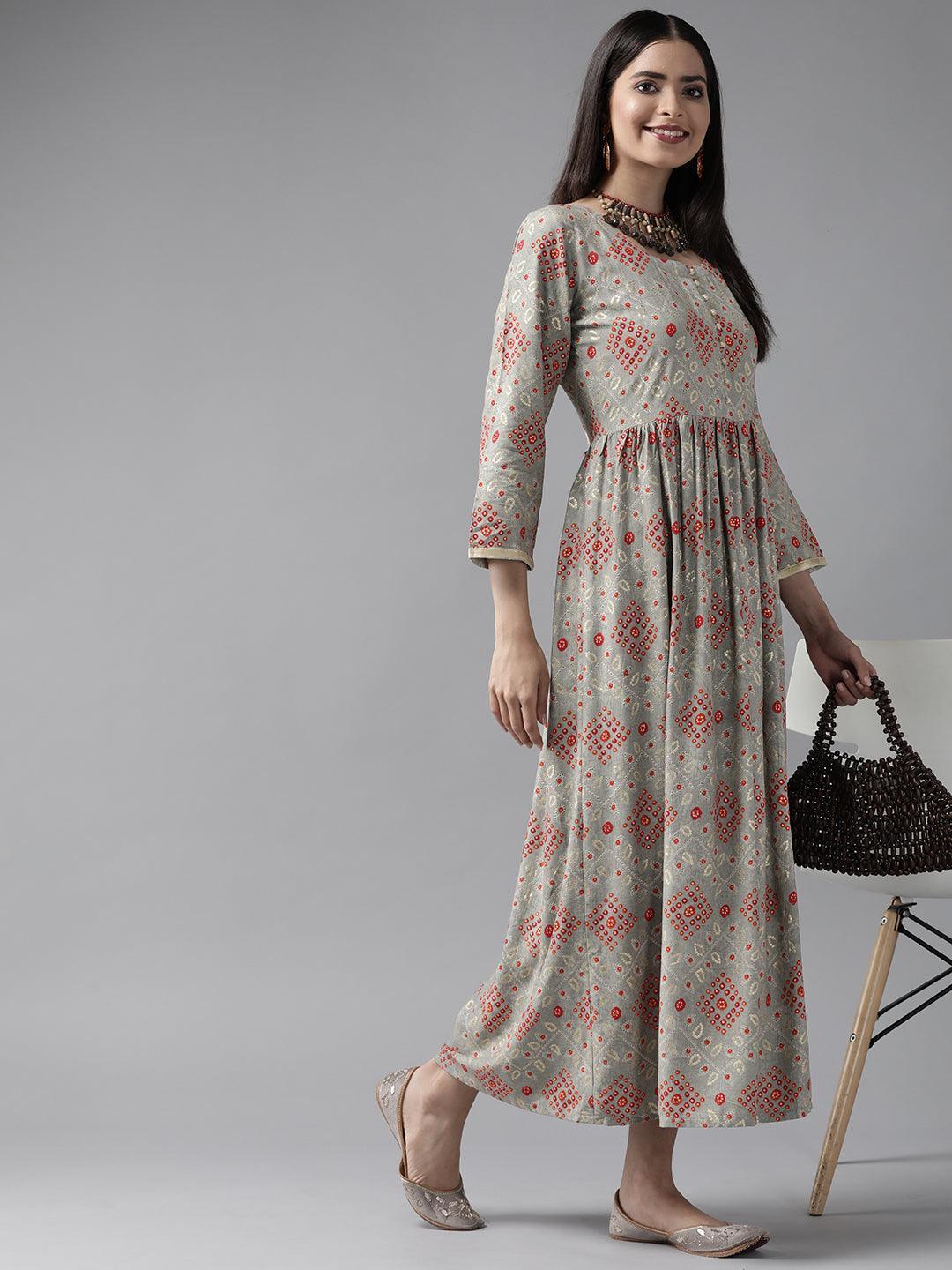 Grey Printed Rayon Maxi Dress