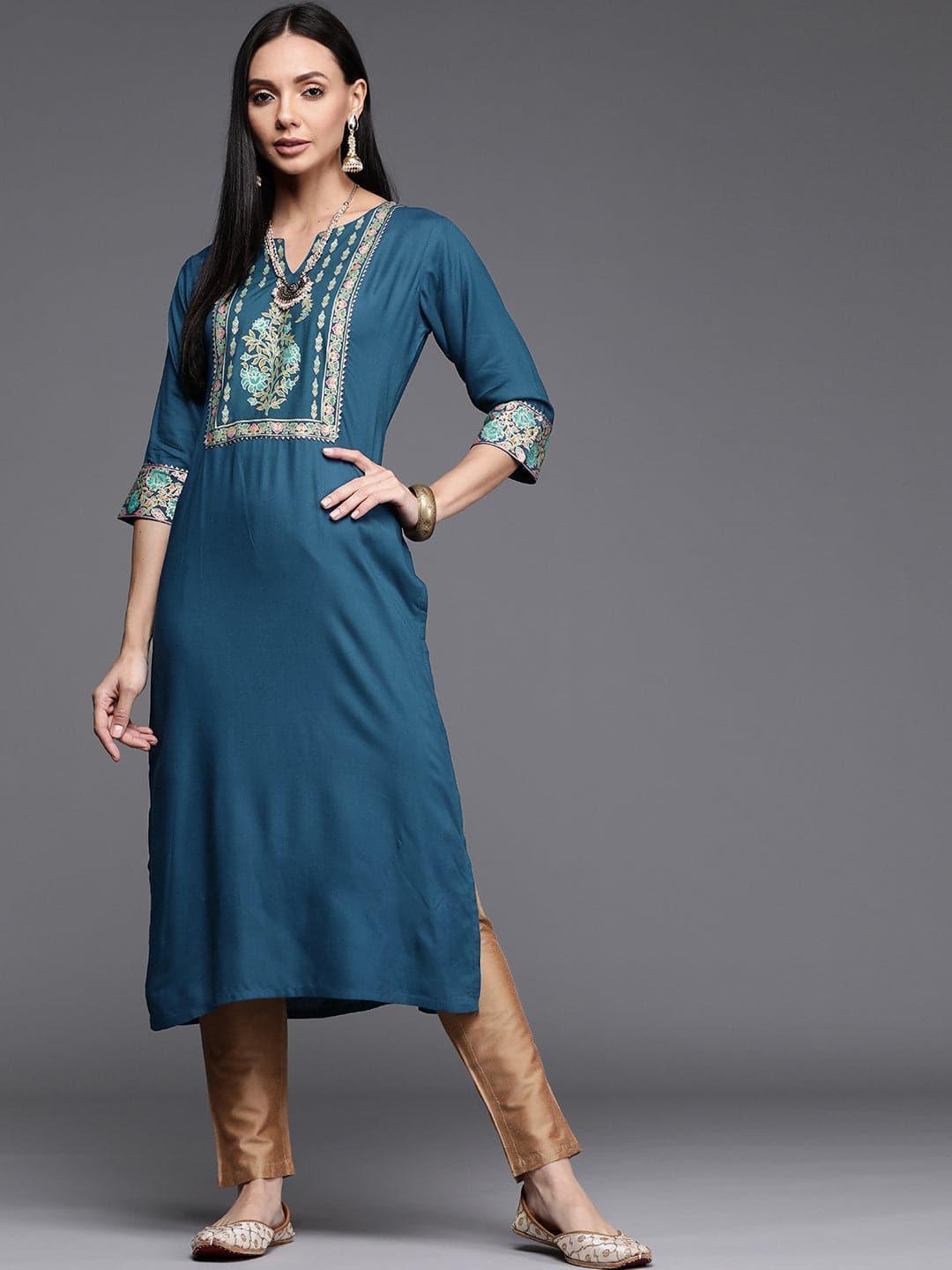 Blue Printed Rayon Kurta