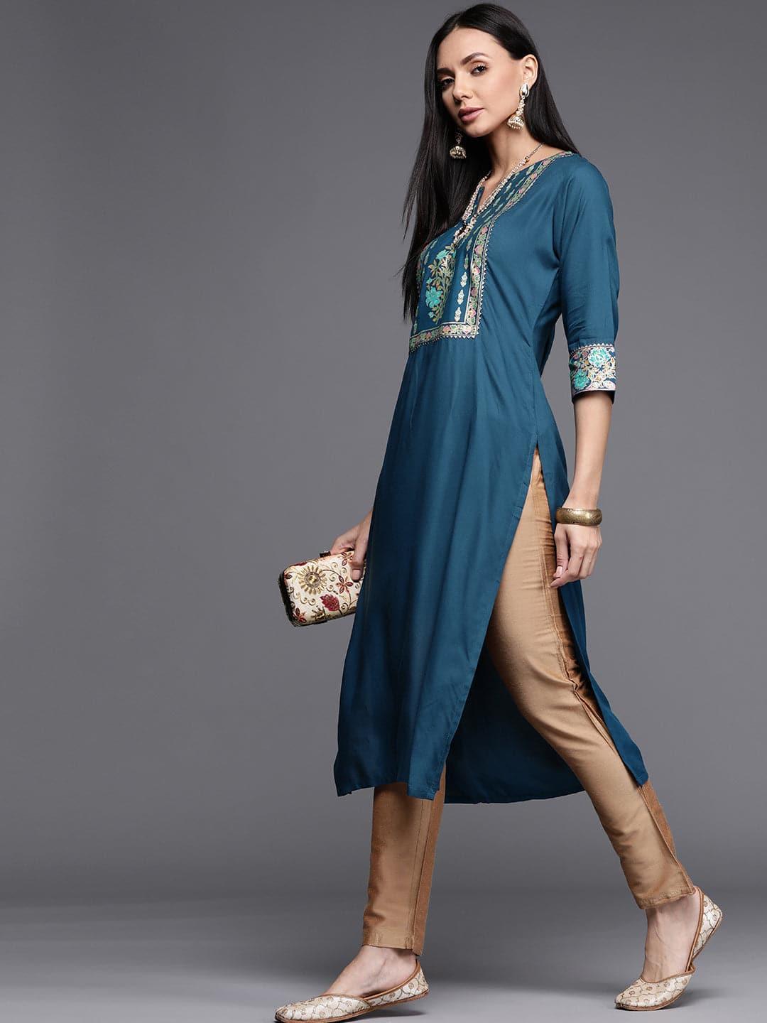 Blue Printed Rayon Kurta