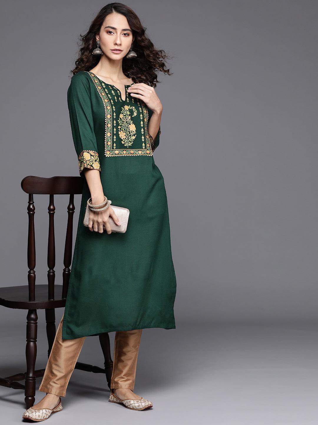 Green Printed Rayon Kurta