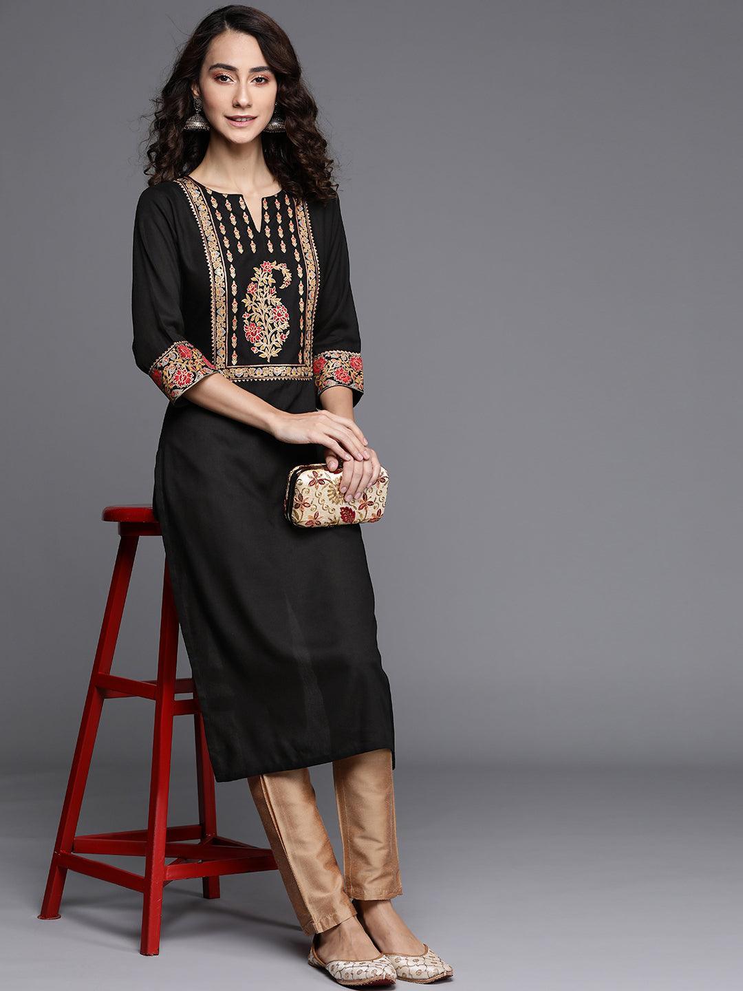 Black Printed Rayon Kurta - ShopLibas